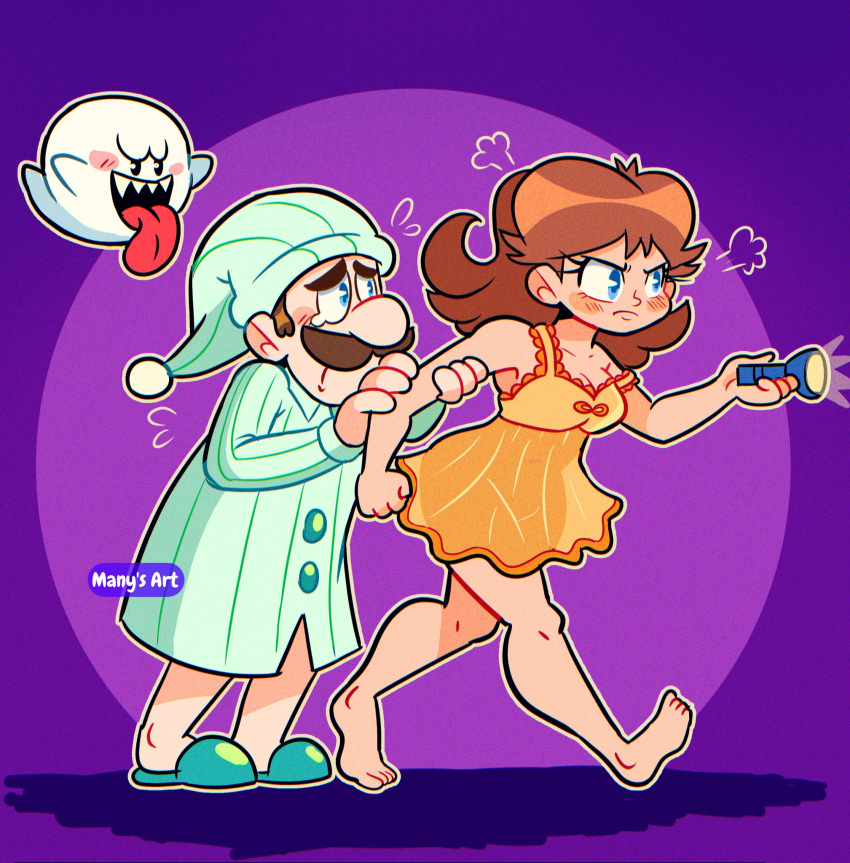 1boy, 1girl, angry, arm_grab, bare_arms, bare_legs, bare_shoulders, barefoot
