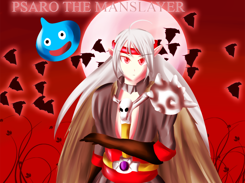 ahoge, bats, boaexecute, dragon_quest, dragon_quest_iv, headband, kei_style, pisaro, psaro, red_eyes, silver_hair, slime, slime_(dragon_quest)