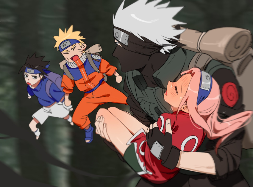 1girl, 3boys, backpack, bag, bike_shorts, black_hair, blonde_hair, blue_bag, blue_shirt, blurry, blurry_background, blush, brown_bag, carrying, carrying_person, closed_eyes, covered_mouth, depth_of_field, dress, easyyoooo, facial_mark, fever, fingerless_gloves, forehead_protector, full-face_blush, gloves, green_shorts, haruno_sakura, hatake_kakashi, high_collar, highres, jacket, jumping, jumpsuit, leg_warmers, long_hair, mask, military_jacket, motion_blur, mouth_mask, multiple_boys, naruto, naruto_(series), one_eye_covered, open_mouth, orange_jumpsuit, orange_pants, pants, pink_hair, princess_carry, red_dress, shirt, shorts, spiky_hair, sweat, uchiha_sasuke, unconscious, uzumaki_naruto, whisker_markings, white_hair, white_leg_warmers, white_shorts, worried