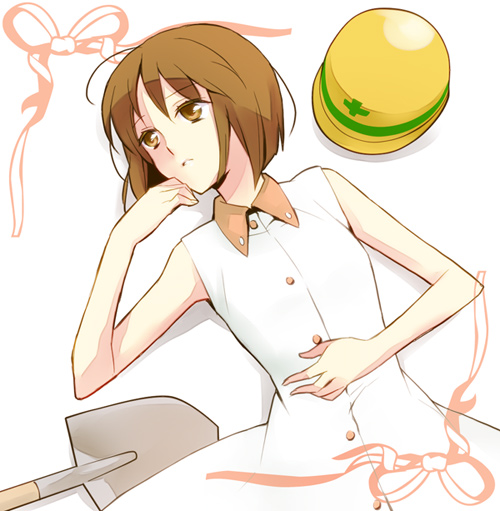 brown_hair, dorei_k, dress, hagiwara_yukiho, hardhat, helmet, idolmaster, lying