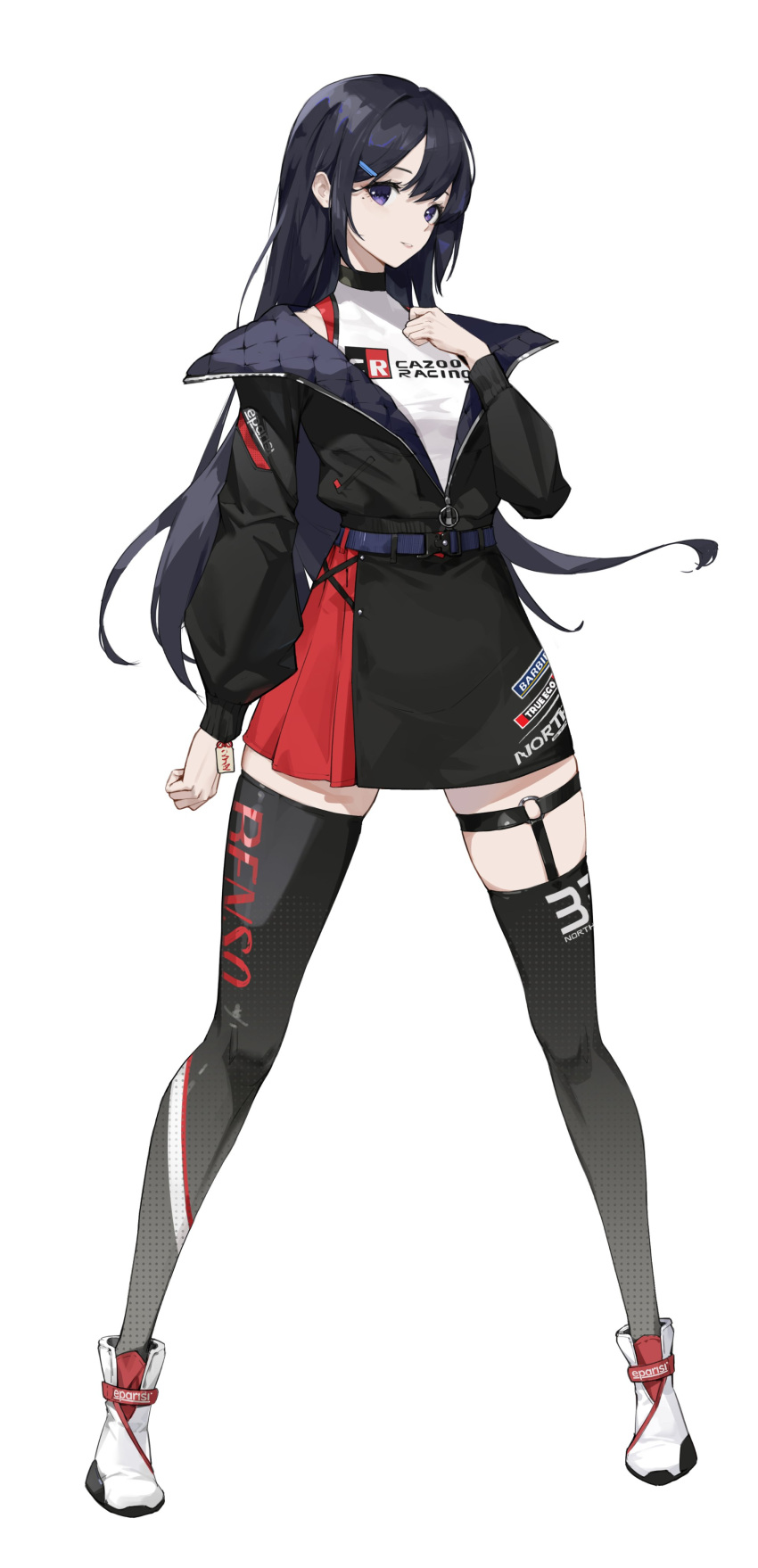1girl, absurdres, belt, black_hair, black_jacket, black_skirt, black_thighhighs, blue_belt