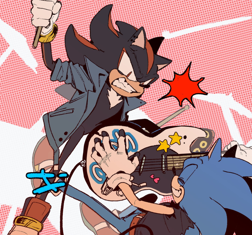 2boys, angry, animal_ears, animal_nose, belt, clenched_teeth, closed_eyes, commentary