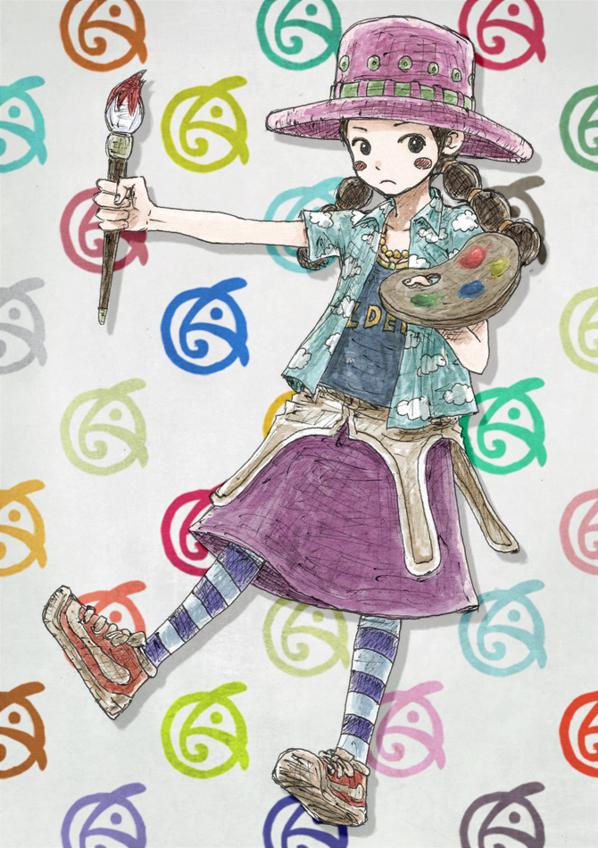 black_eyes, black_hair, blush_stickers, brush, enola_(ebanataw), frown, hat, miss_goldenweek