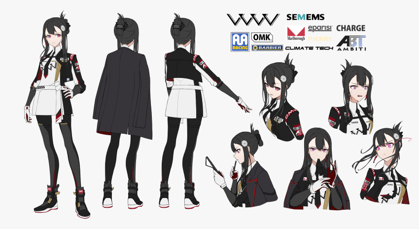 1girl, absurdres, audi, black_coat, black_footwear, black_hair, black_jacket, black_necktie