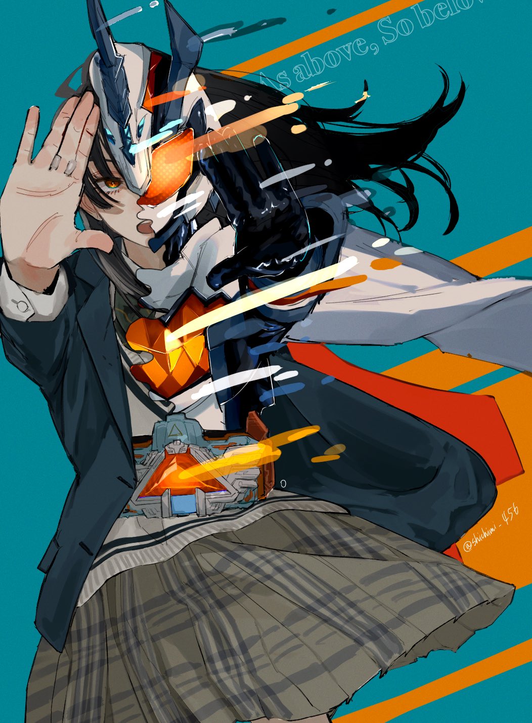 1girl, alchemisdriver, armor, belt, belt_buckle, black_gloves, black_hair, blue_background
