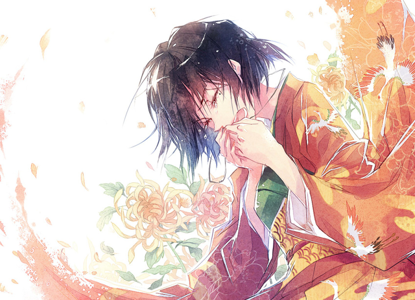 black_hair, chrysanthemum, closed_eyes, flower, food, fruit, fujiwara_chiyoko, japanese_clothes