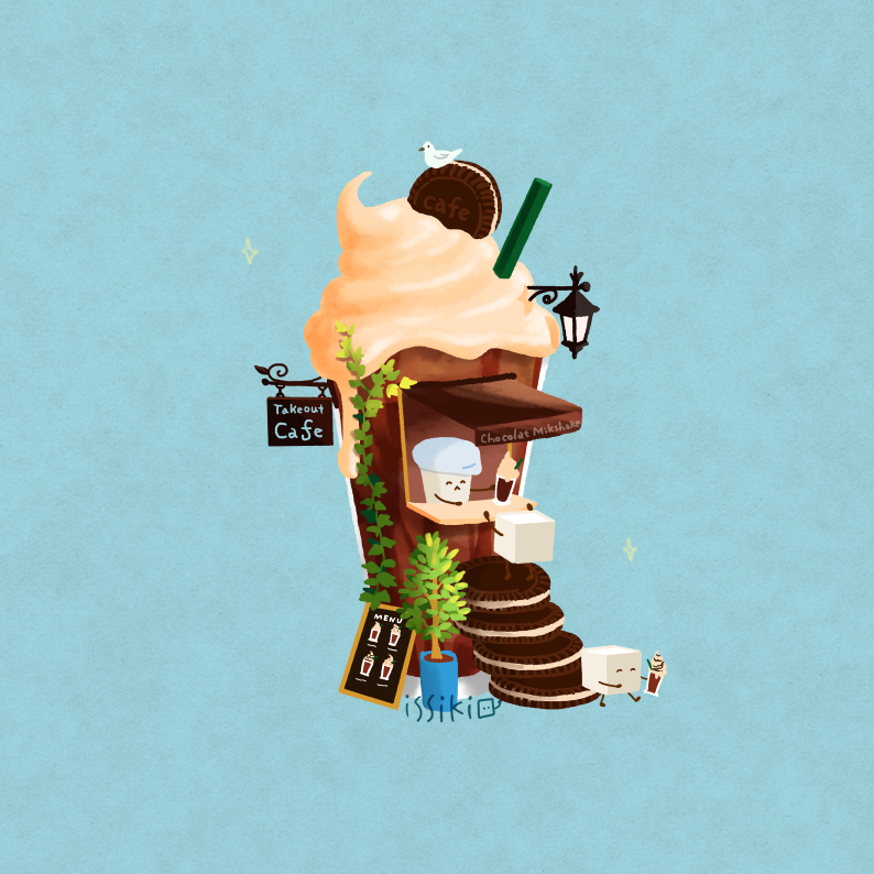 ^_^, artist_name, bird, blue_background, cafe, chocolate, closed_eyes, commentary_request