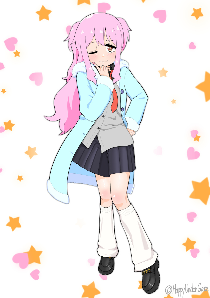 1girl, ;3, absurdres, alternate_costume, artist_name, black_footwear, black_shirt, black_skirt