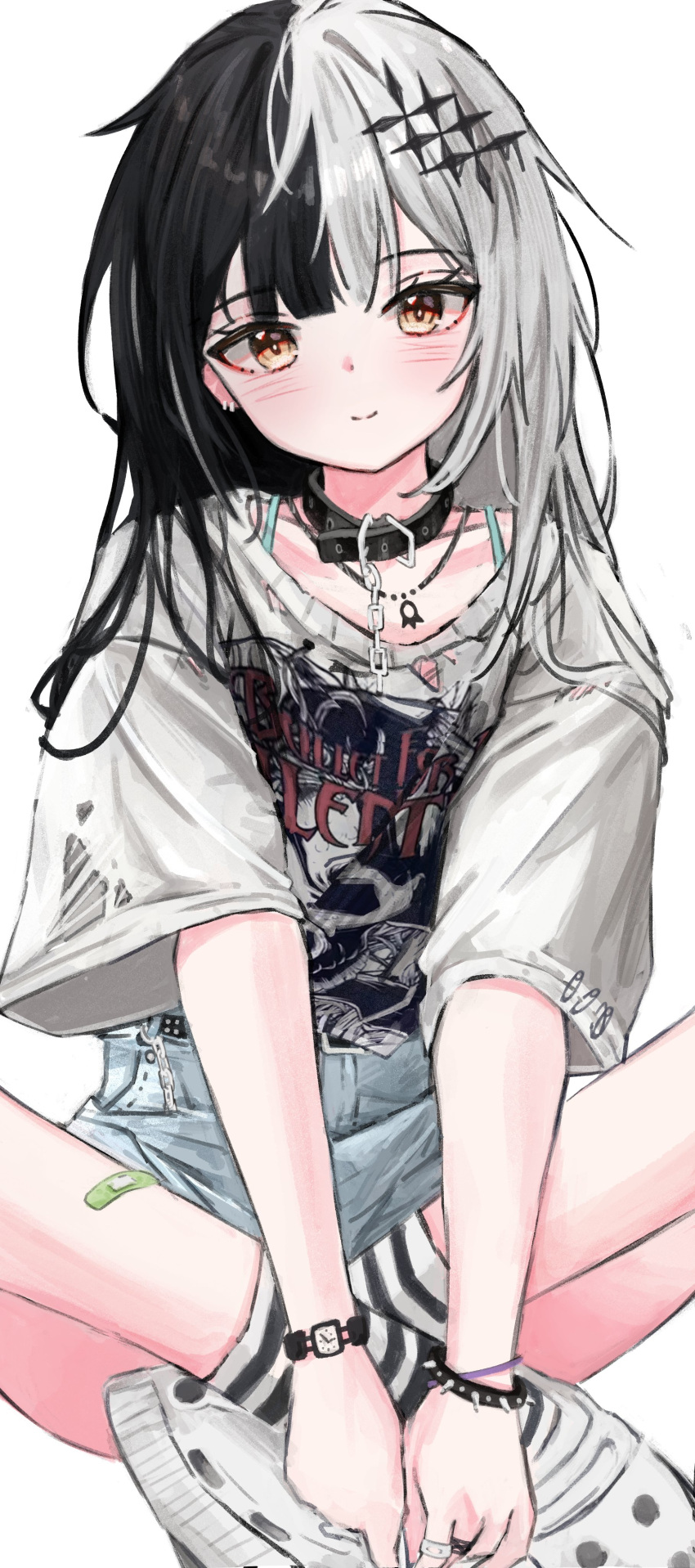 1girl, absurdres, akarinnndesu, band_shirt, bandaid, bandaid_on_leg, black_choker, black_eyeliner