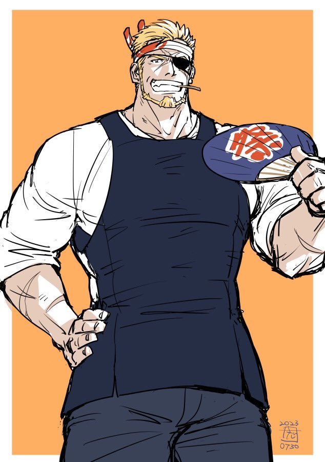 1boy, apron, artist_name, beard, blonde_hair, eyepatch, facial_hair, feet_out_of_frame