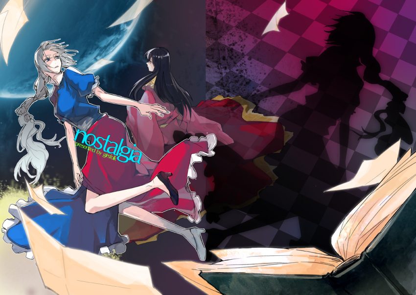black_hair, blue_eyes, braid, houraisan_kaguya, long_hair, multiple_girls, rama, silver_hair