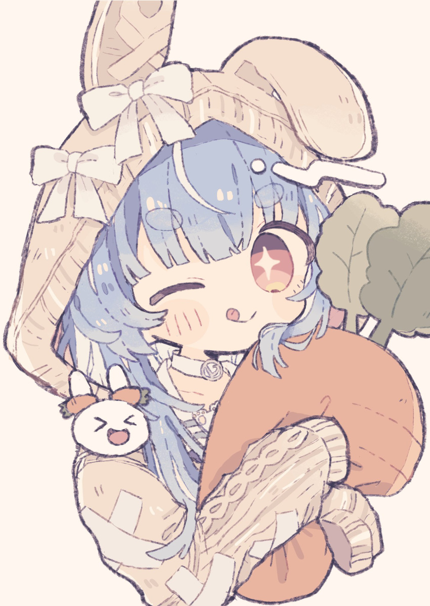 >_<, +_+, 1girl, alternate_hairstyle, blue_hair, blush, brown_background, carrot