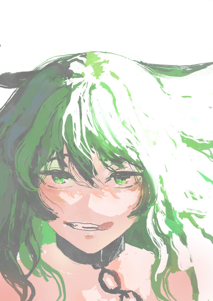 1girl, black_souls, chain, collar, goddkilly, green_eyes, green_hair, grin