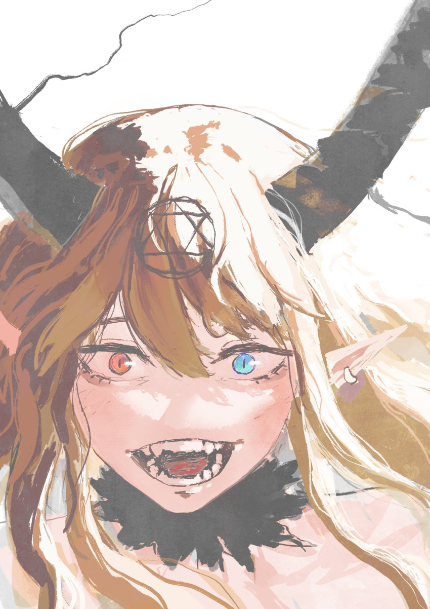 1girl, baphomet_(black_souls), black_horns, black_souls, blonde_hair, blue_eyes, crazy_eyes, demon_horns