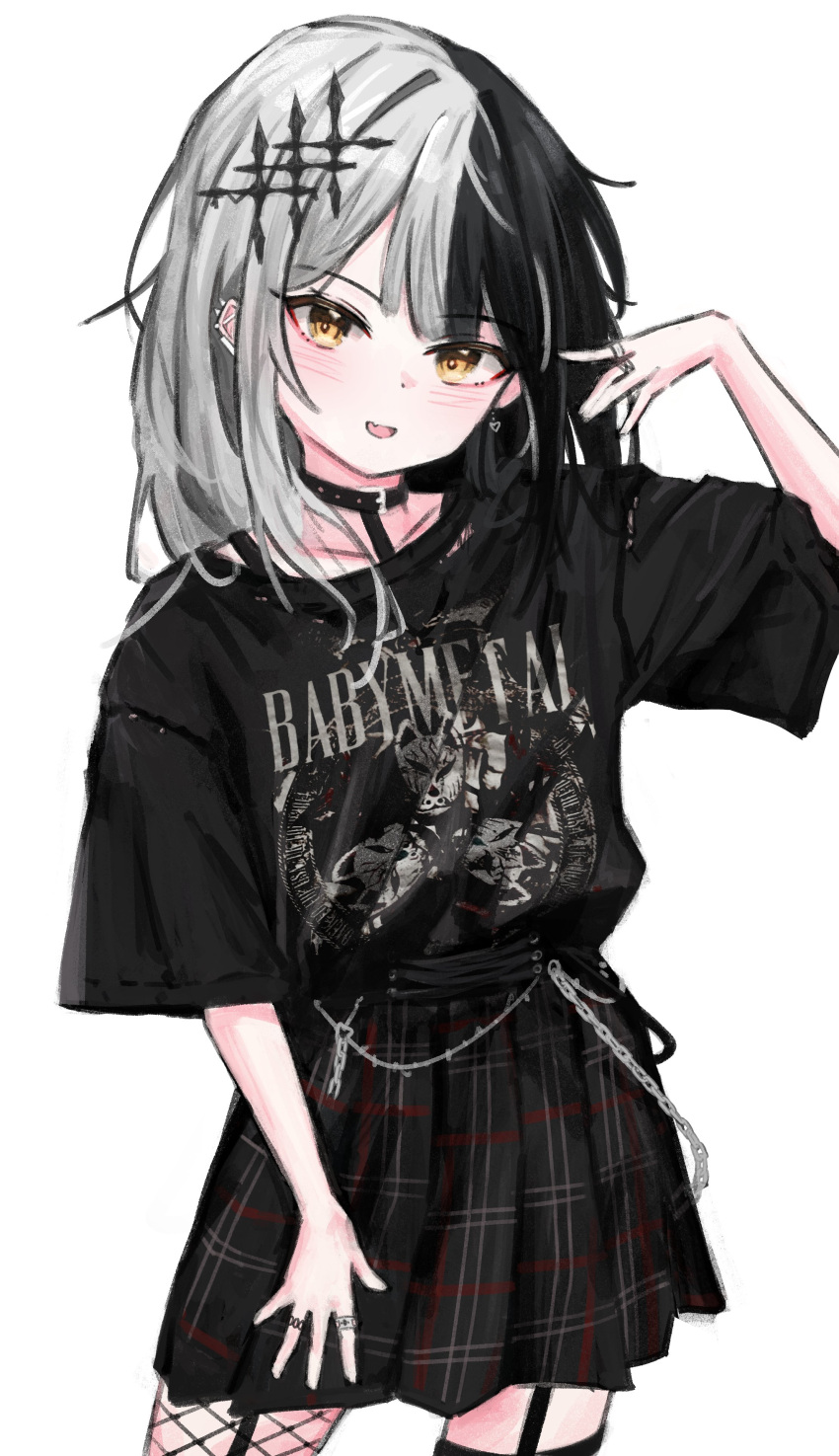 1girl, absurdres, akarinnndesu, alternate_costume, babymetal, band_shirt, black_choker, black_hair
