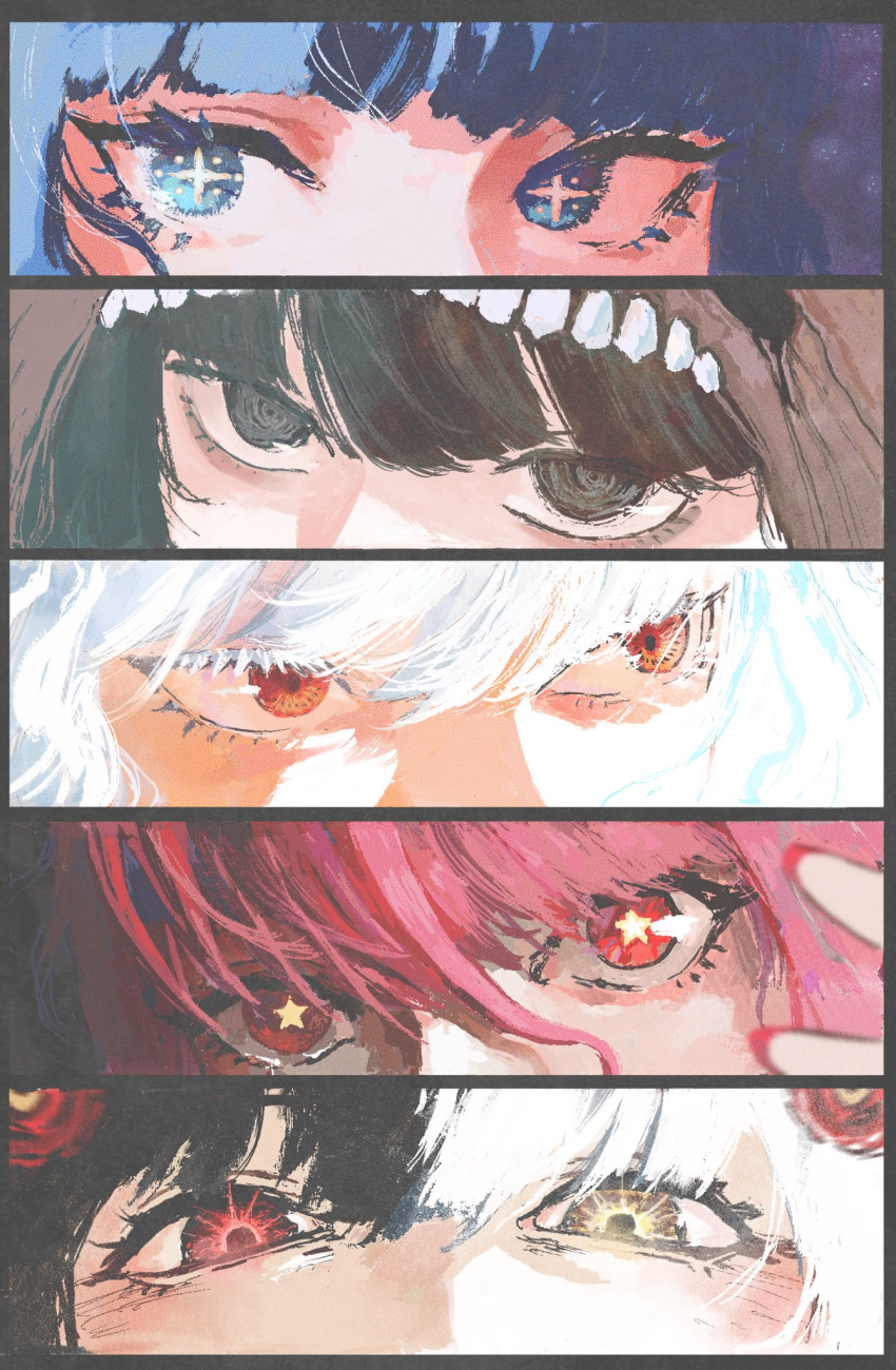 5girls, bandersnatch_(black_souls), black_hair, black_souls, blue_eyes, blue_hair, border, brown_hood, close-up, goddkilly, grey_border, grey_eyes, hair_between_eyes, heterochromia, highres, jubjub_(black_souls), looking_at_viewer, mabel_(black_souls), miranda_(black_souls), multicolored_hair, multicolored_pupils, multiple_girls, node_(black_souls), purple_hair, red_eyes, split-color_hair, star-shaped_pupils, star_(symbol), symbol-shaped_pupils, white_hair, white_pupils, yellow_eyes, yellow_pupils