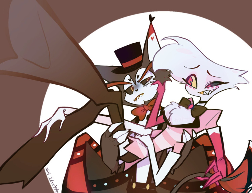 2boys, angel_dust, animal_ears, animal_nose, artist_name, black_bow, black_bowtie, black_choker