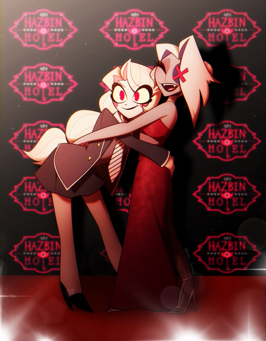2girls, ^_^, arm_around_waist, artist_name, black_footwear, black_jacket, black_lips, black_skirt