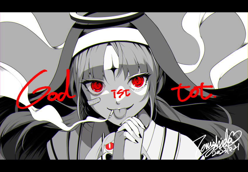 1girl, absurdres, aimaina, artist_name, bandaid, bandaid_on_face, black_border, black_nails