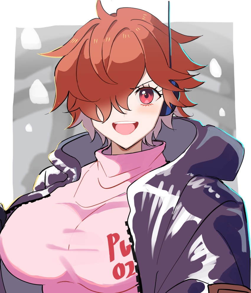 1girl, absurdres, black_jacket, bodysuit, brown_hair, commentary_request, earpiece, hair_over_one_eye, highres, jacket, kasuga_kaya, korean_commentary, leather, leather_jacket, looking_at_viewer, one_eye_covered, one_piece, open_clothes, open_jacket, open_mouth, red_eyes, short_hair, smile, solo, teeth, vegapunk_lilith