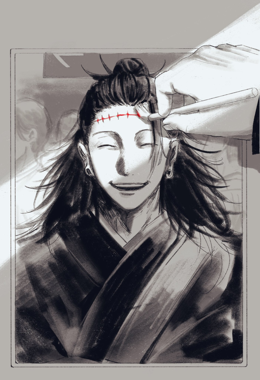 1boy, 1other, ^_^, closed_eyes, ear_piercing, getou_suguru, getou_suguru_(kenjaku), greyscale