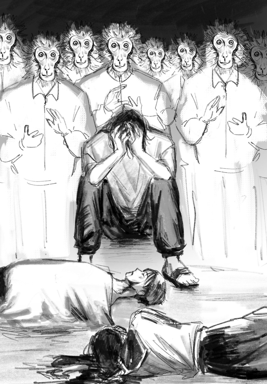 1girl, 2boys, 6+others, amanai_riko, collared_shirt, corpse, getou_suguru, greyscale