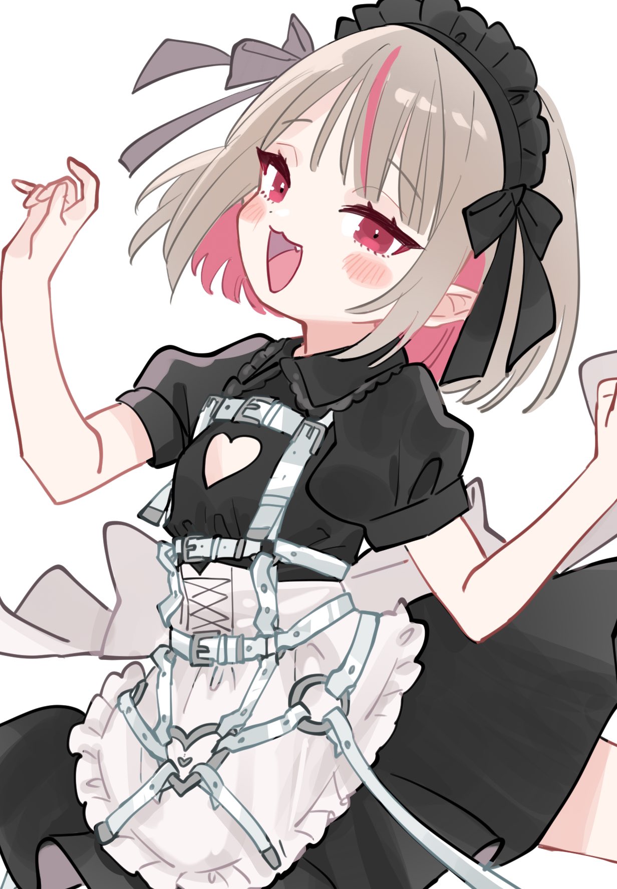 1girl, apron, black_dress, black_headdress, blush_stickers, clothing_cutout, dress, fang