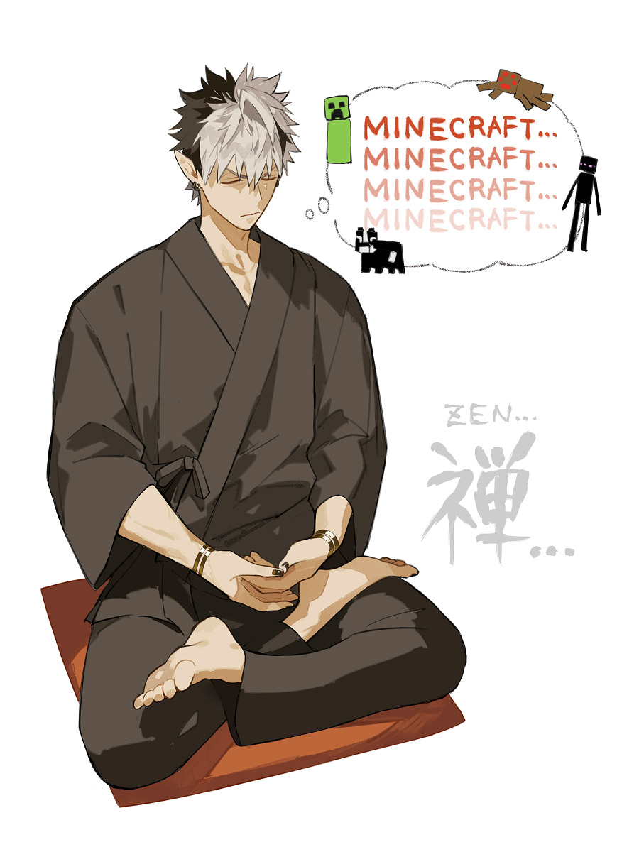 1boy, barefoot, black_hair, closed_eyes, creeper, crimzon_ruze, enderman, english_text