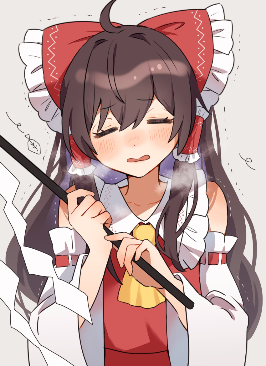 1girl, ascot, blush, bow, breath, brown_hair, detached_sleeves, enipa_28