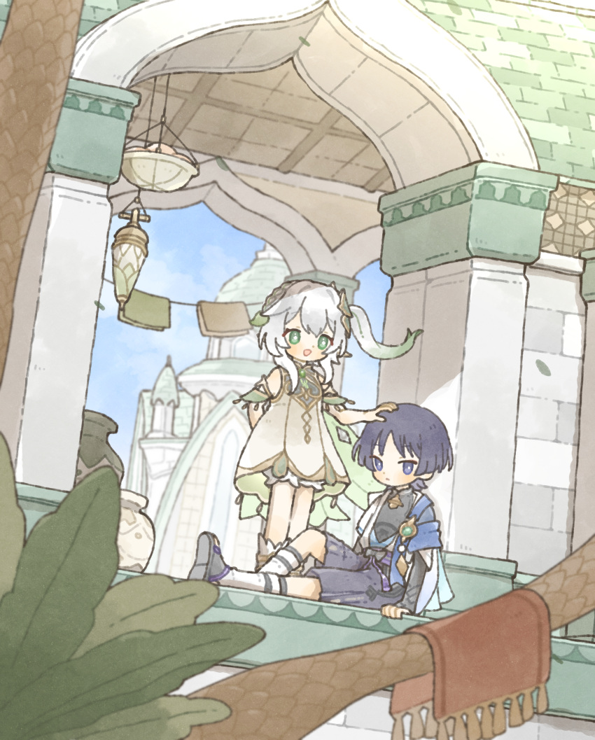 1boy, 1girl, :d, black_bow, black_footwear, black_shirt, black_shorts, bloomers, blue_cape, blue_sky, blush, bow, braid, branch, bridal_gauntlets, bright_pupils, building, cape, choppy_bangs, closed_mouth, clothesline, clouds, commentary_request, cross-shaped_pupils, day, detached_sleeves, dress, expressionless, floating_hair, genshin_impact, gold_trim, gradient_hair, green_cape, green_eyes, green_hair, green_sleeves, hair_between_eyes, hair_ornament, hand_on_another's_head, highres, jacket, leaf_hair_ornament, long_hair, looking_at_viewer, middle_eastern_architecture, multicolored_hair, nahida_(genshin_impact), open_clothes, open_jacket, open_mouth, outdoors, parted_bangs, pointy_ears, pom_pom_(clothes), ponytail, purple_hair, purple_sash, rug, sandals, sash, scaramouche_(genshin_impact), shionosuke, shirt, short_hair, short_sleeves, shorts, side_ponytail, sidelocks, single_braid, sitting, sky, sleeveless, sleeveless_dress, smile, standing, symbol-shaped_pupils, tree, vase, violet_eyes, vision_(genshin_impact), wanderer_(genshin_impact), white_bloomers, white_dress, white_hair, white_jacket, white_pupils