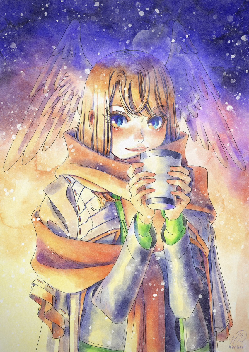 1girl, blue_eyes, brown_hair, closed_mouth, commentary, cosplay, cup, eunie_(xenoblade), eyelashes, gradient_background, head_wings, highres, holding, holding_cup, looking_at_viewer, medium_hair, orange_scarf, pink_lips, scarf, smile, snowing, taion_(xenoblade), taion_(xenoblade)_(cosplay), upper_body, vvbert, wings, xenoblade_chronicles_(series), xenoblade_chronicles_3