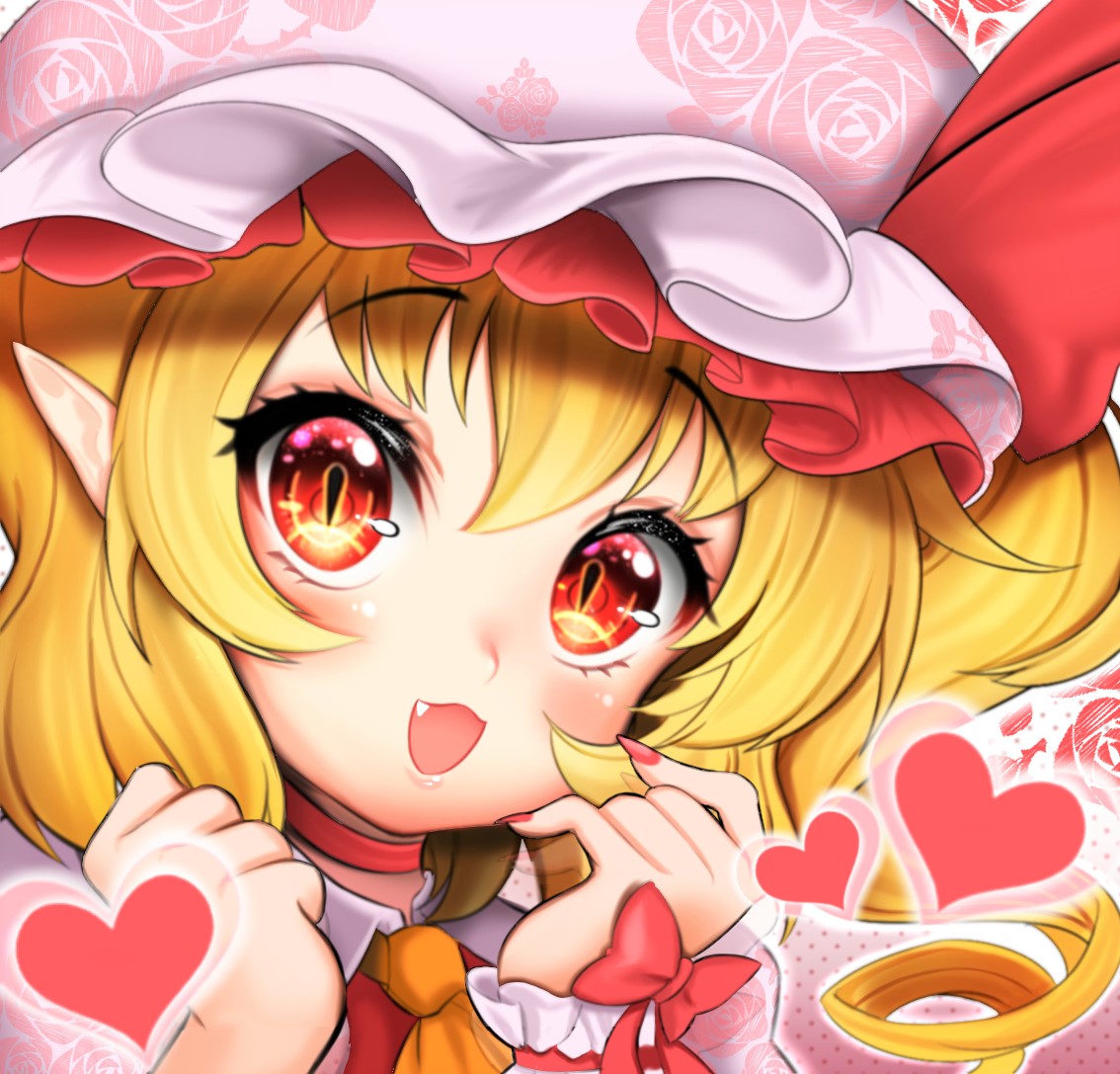 1girl, alice_vu, ascot, blonde_hair, bow, close-up, fang, fingernails