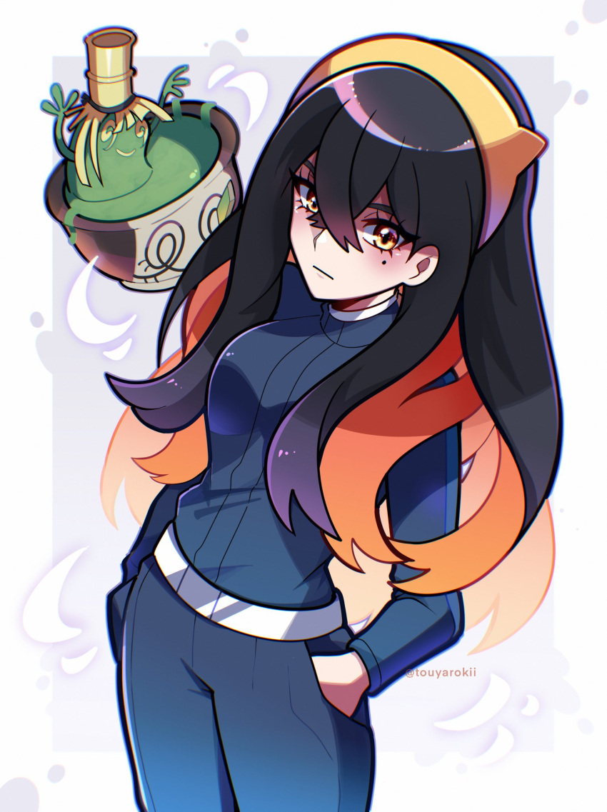 1girl, artist_name, black_hair, blue_jacket, blue_pants, border, carmine_(pokemon), closed_mouth