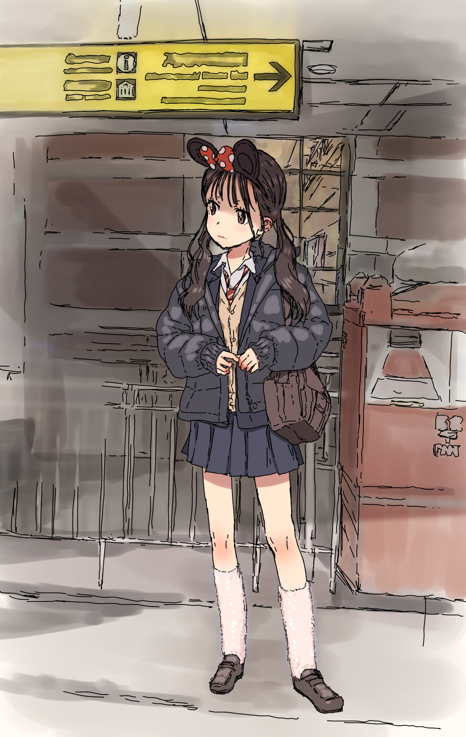 1girl, bag, black_hair, brown_eyes, coat, earrings, full_body, fuzzy_clothes