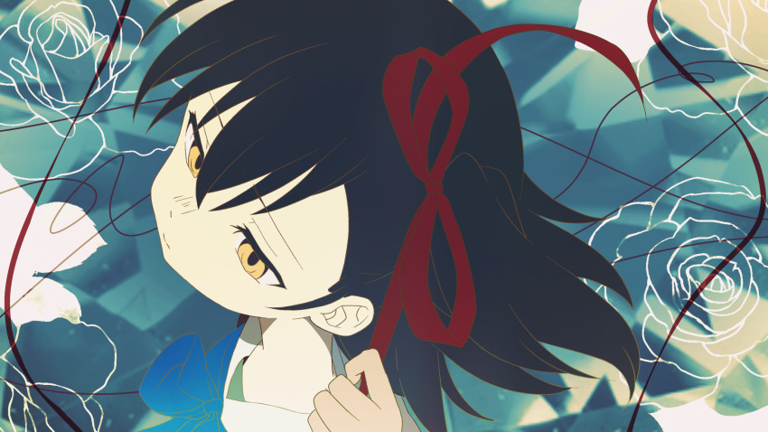 1girl, black_hair, close-up, commentary_request, expressionless, flower, hair_ribbon, highres