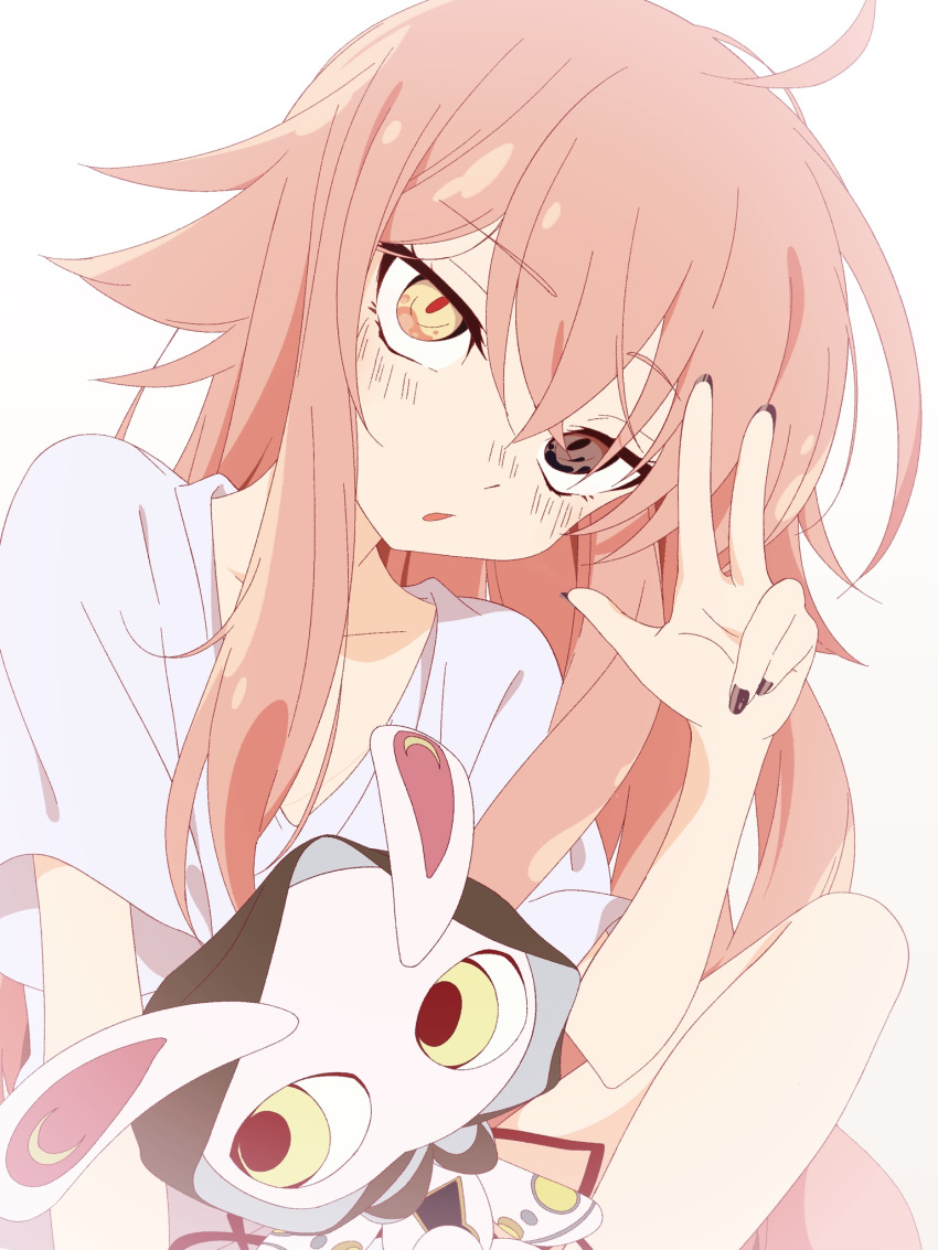 1girl, ahoge, black_eyes, black_nails, blush, hair_between_eyes, heterochromia, highres