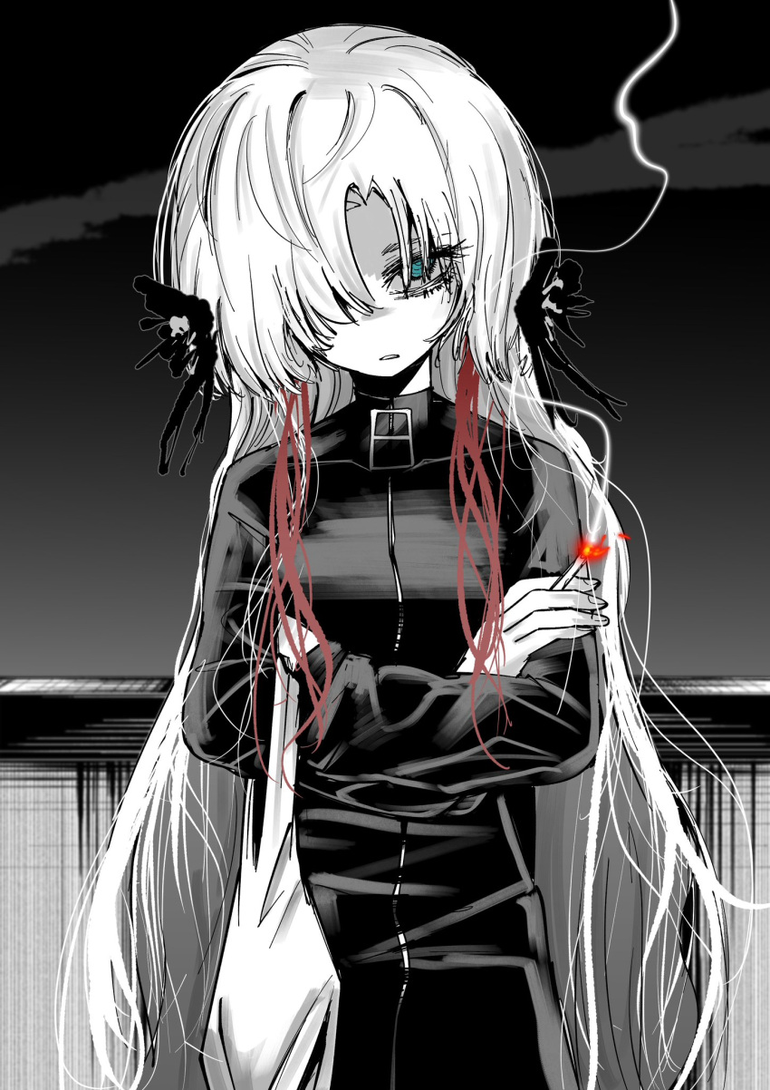 1girl, angry, bag, cigarette, crossed_arms, flower, hair_flower, hair_ornament