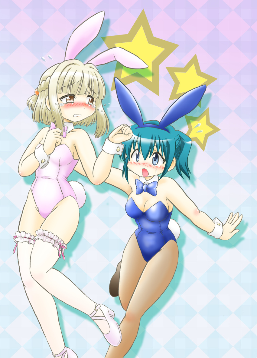 animal_ears, blonde_hair, blush, brown_eyes, bunny_ears, bunnysuit, green_eyes, green_hair