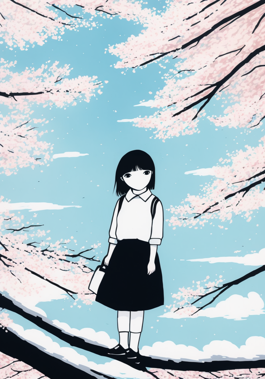 1girl, bag, bangs, black_eyes, black_footwear, black_hair, black_skirt, blue_sky, blunt_bangs, branch, cherry_blossoms, cloud, collared_shirt, day, essen, expressionless, full_body, long_hair, long_sleeves, looking_at_viewer, medium_hair, no_nose, outdoors, petals, pink_flower, shirt, shoes, short_hair, short_sleeve, skirt, sky, solo, spring_(season), standing, tree, tree_branch, white_legwear, white_shirt