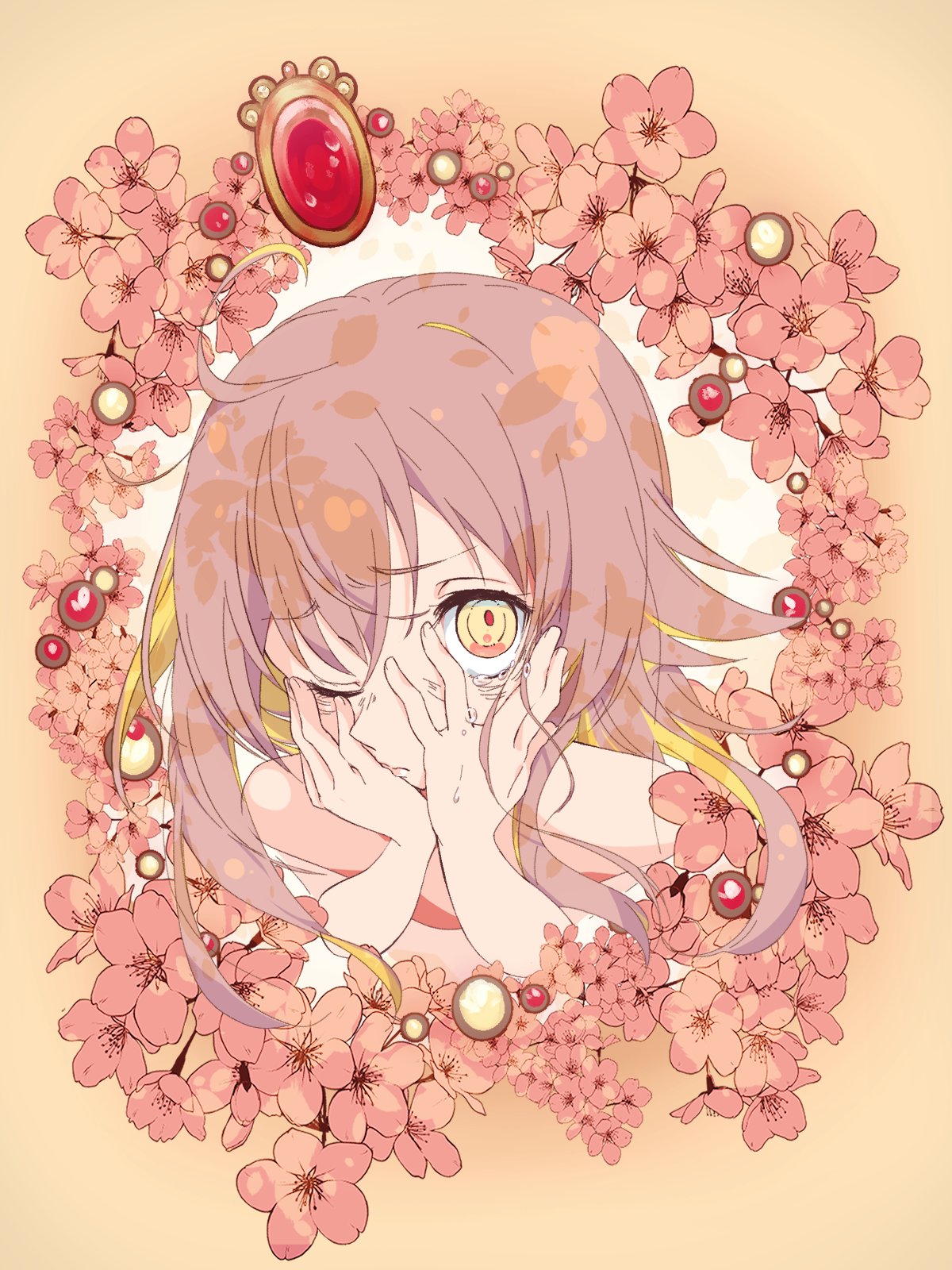 1girl, ahoge, anime_coloring, bare_shoulders, brooch, commentary_request, crying, crying_with_eyes_open