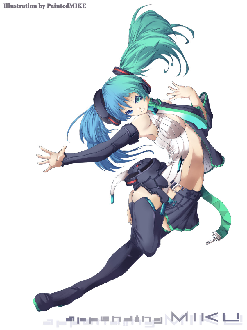 absurdres, aqua_eyes, aqua_hair, blue_eyes, blue_hair, detached_sleeves, fusion, hatsune_miku, hatsune_miku_(append), heterochromia, highres, kimmt, legs, long_hair, midriff, miku_append, multicolored_hair, necktie, paintedmike, simple_background, skirt, smile, solo, thigh-highs, thighhighs, twintails, two-tone_hair, vocaloid, vocaloid_append