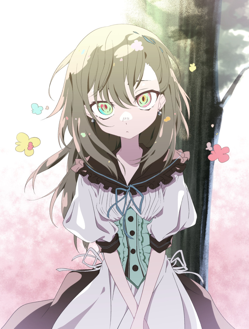 1girl, bug, butterfly, collared_dress, commentary_request, dress, earrings, green_eyes