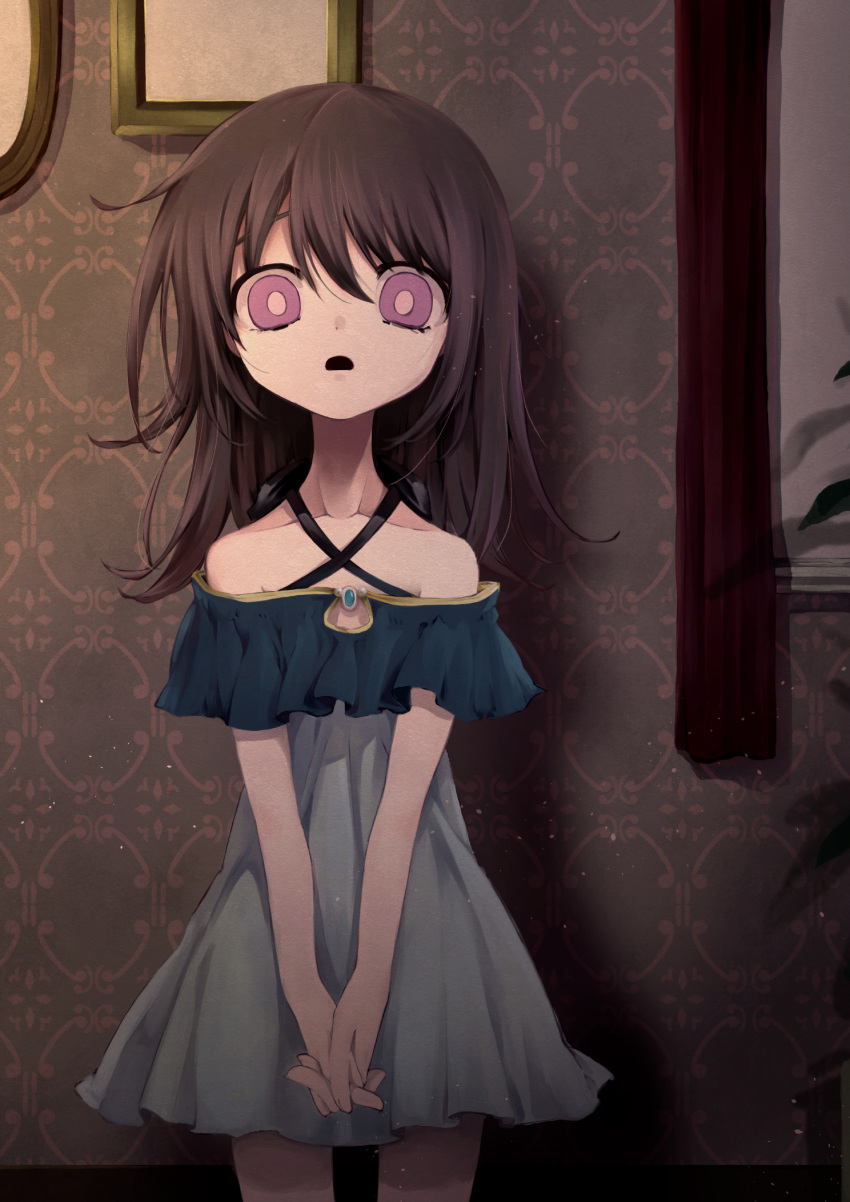 1girl, bare_shoulders, bright_pupils, brown_hair, collarbone, commentary_request, cowboy_shot, curtains, dress, halter_dress, halterneck, highres, indoors, interlocked_fingers, long_hair, looking_at_viewer, nomura_kitan, open_mouth, original, own_hands_together, shadow, solo, violet_eyes