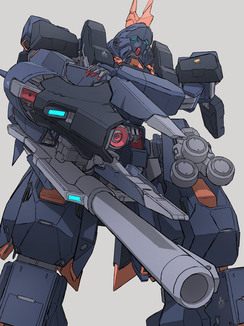 absurdres, advance_of_zeta, aqua_eyes, arm_cannon, barzam_ii, from_below, glowing, glowing_eyes