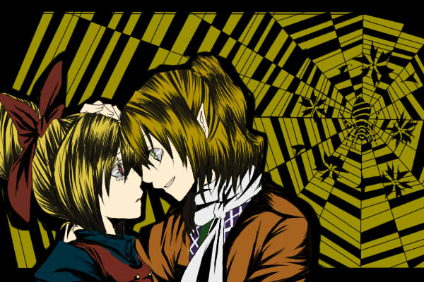 blonde_hair, face, forehead_to_forehead, gatakao, green_eyes, hair_bun, hand_on_head, kurodani_yamame, mizuhashi_parsee, multiple_girls, pointy_ears, ponytail, profile, red_eyes, scarf, short_hair, spider, spider_web, tears, touhou, yuri