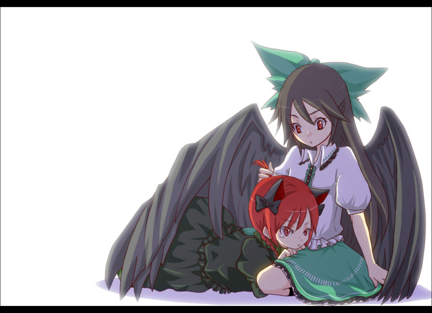 animal_ears, black_hair, braid, cat_ears, cuddling, gatakao, hair_grab, hair_ribbon