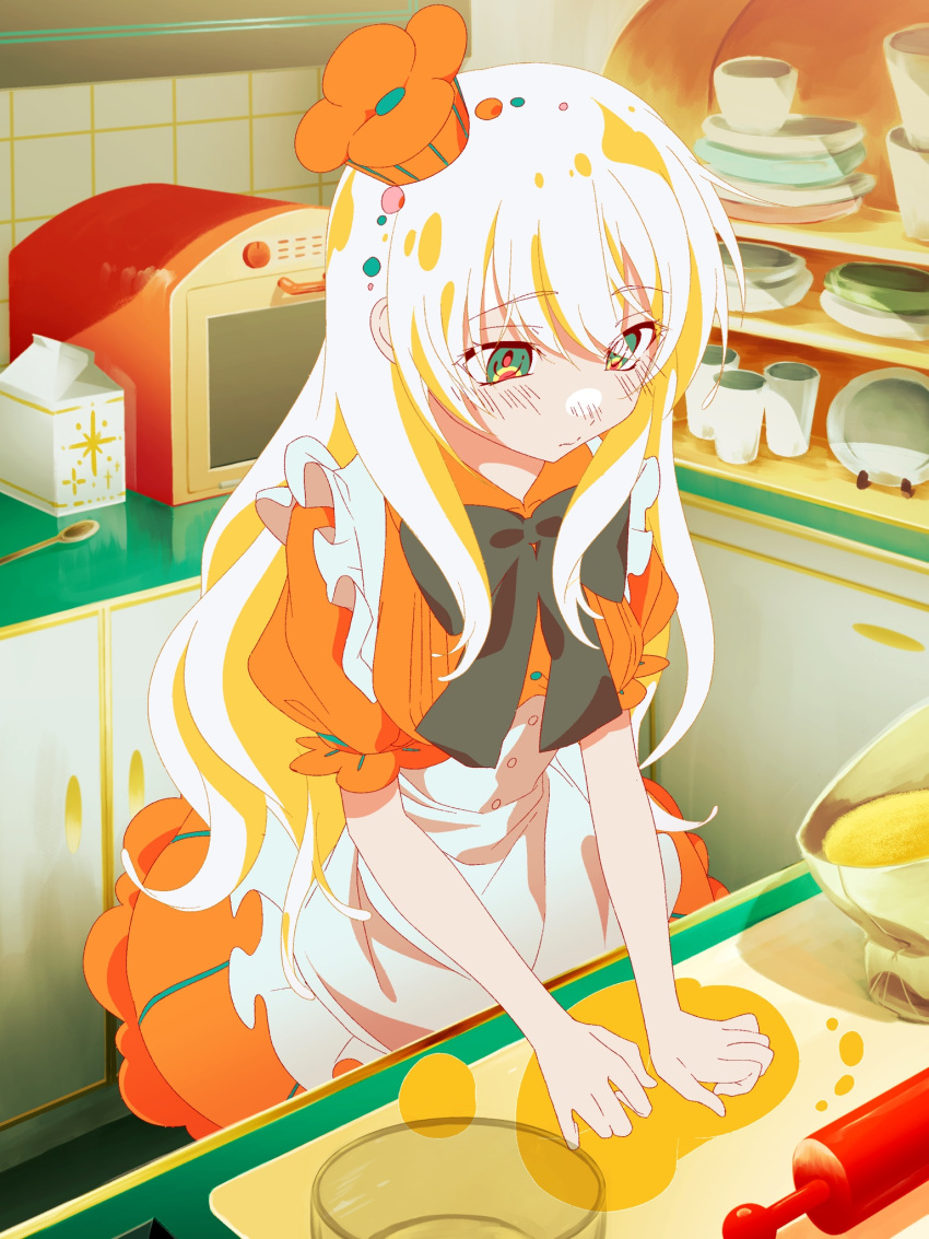 1girl, apron, blonde_hair, bow, bowl, bowtie, chef_hat, cooking