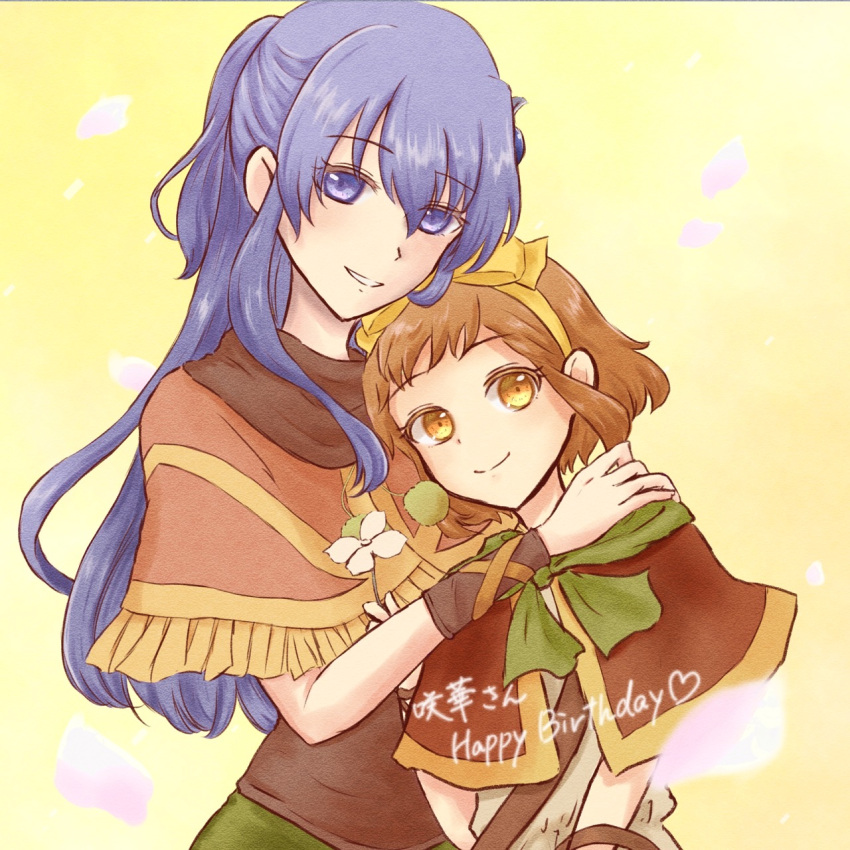 2girls, blue_eyes, blue_hair, bow, brown_eyes, brown_hair, brown_scarf, capelet