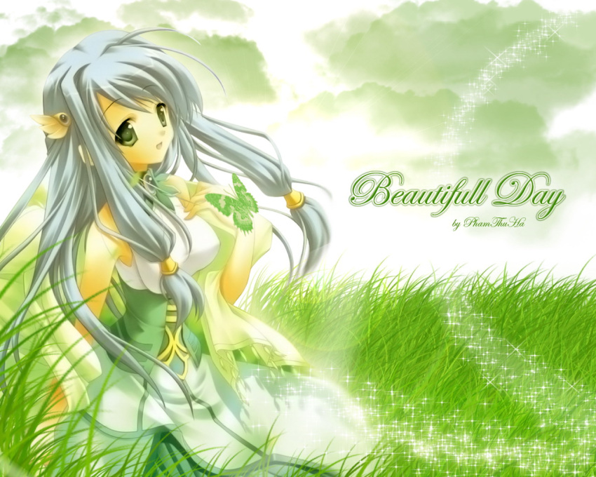 blue_hair, butterfly, cloud, dress, grass, hair_ornament, happy, long_hair