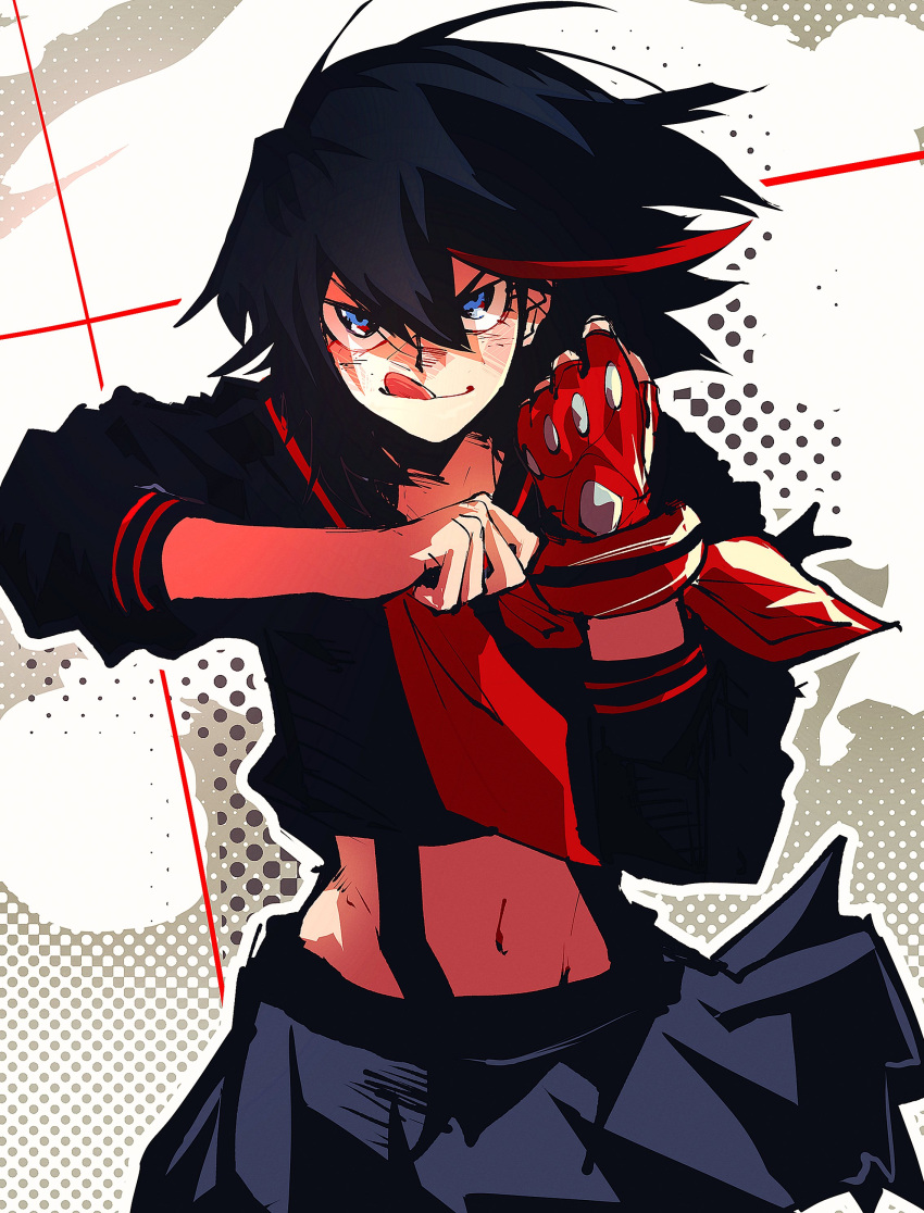1girl, absurdres, black_hair, blue_eyes, blue_shirt, blue_skirt, clenched_hands, closed_mouth, floating_clothes, floating_hair, gloves, hair_between_eyes, halftone, halftone_background, hands_up, highres, injury, isaacchief300, jpeg_artifacts, kamui_(kill_la_kill), kill_la_kill, life_fiber, living_clothes, matoi_ryuuko, medium_hair, midriff, multicolored_hair, navel, neckerchief, outline, red_gloves, red_neckerchief, redhead, sailor_collar, school_uniform, serafuku, shirt, single_glove, skirt, sleeves_rolled_up, solo, standing, stomach, straight-on, streaked_hair, suspenders, tongue, tongue_out, two-tone_hair, v-shaped_eyebrows, white_background, white_outline
